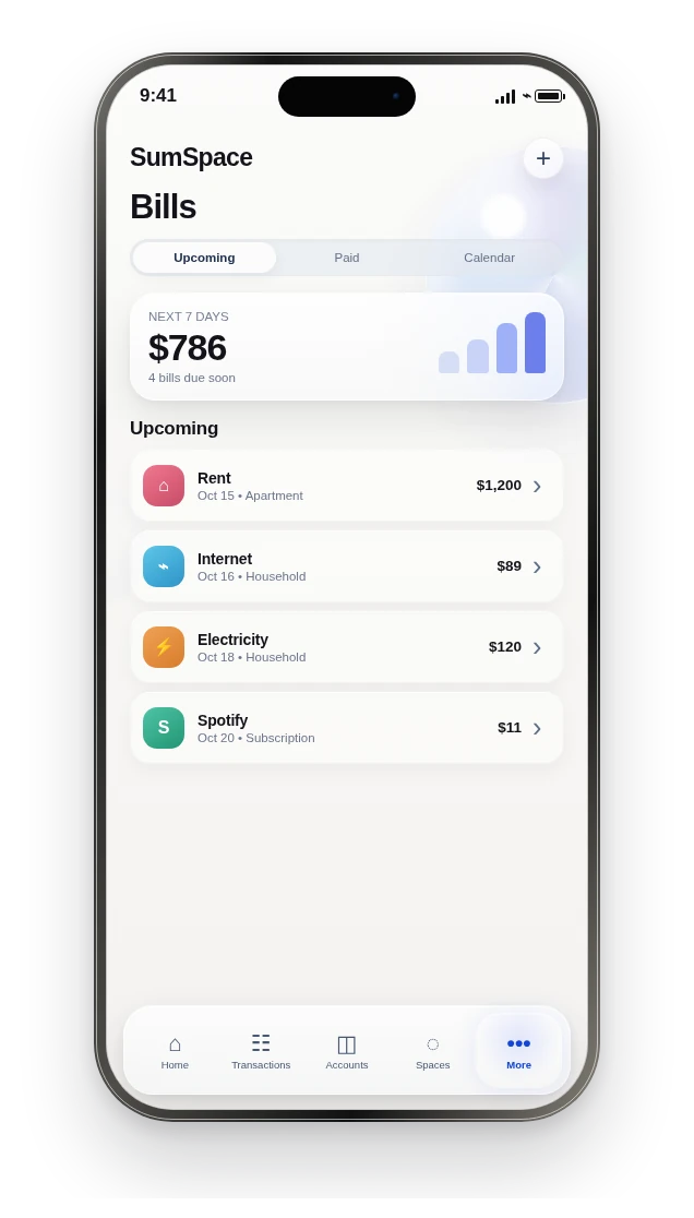 Pre-release SumSpace Bills screen.