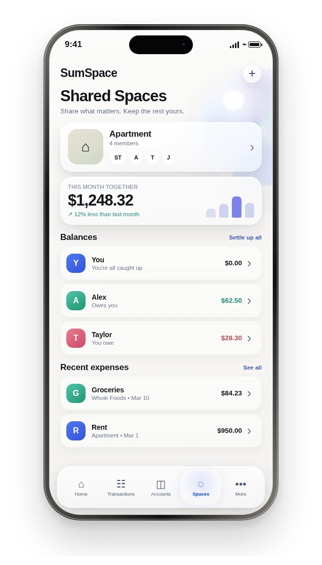 Pre-release SumSpace Shared Spaces screen.