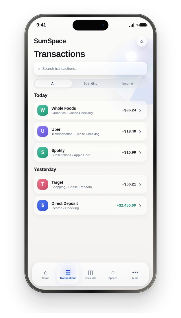 Pre-release SumSpace Transactions screen.